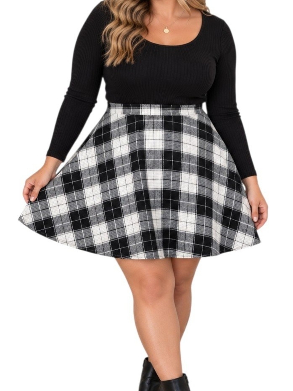 Black White Gray Plaid Flannel Mini Skirt Size 1X Plus Zip Casual Preppy